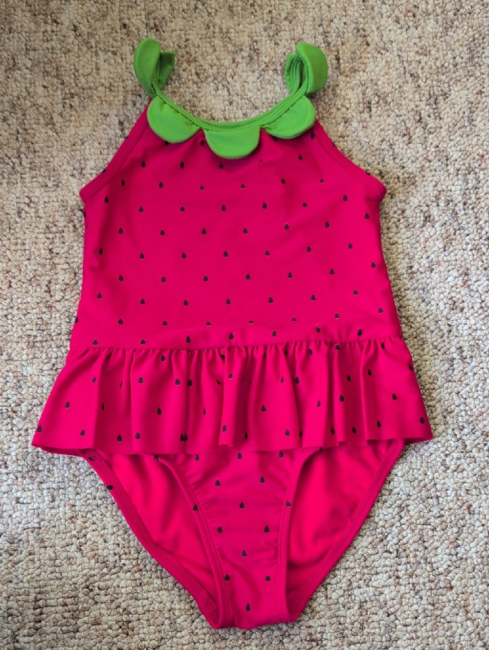 Gymboree Girls Red Strawberry Print One-Piece Swimsuit with Green Collar Size 7